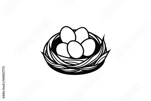 Birds nest with eggs in a simple black and white illustration style silhouette