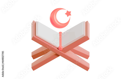 Elegant coral Ramadan themed design featuring open book on stand with crescent moon and star, ideal for Islamic cultural events and holiday promotions