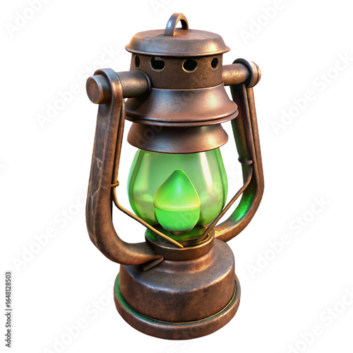3D icon of rusty metal lantern with green flame on transparent background
