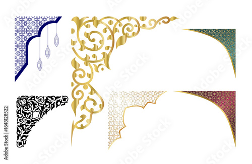 Elegant ornamental frame corners in varied styles for invitations and design projects, offering a touch of sophistication and cultural richness to any creation