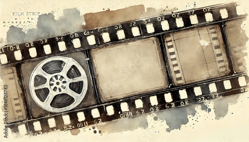 Artistic watercolor-style depiction of a vintage film strip with an empty frame and a classic movie reel. Muted sepia tones, hand-drawn textures, ink splatters evoke a nostalgic cinematic atmosphere