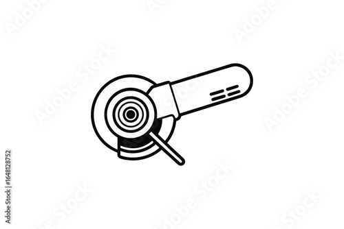 A black and white illustration of an angle grinder with a guard silhouette