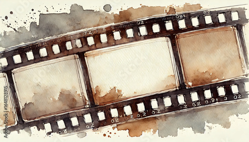 A stylized watercolor painting of a vintage film strip with three blank frames, surrounded by coffee-toned splashes and ink blot textures. The piece captures a nostalgic, analog feel
