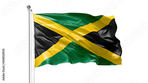 A jamaican flag waving on a silver flagpole against a black background in a studio setting