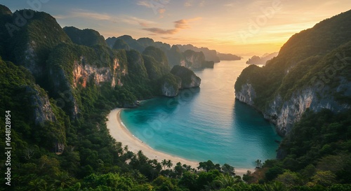 Fototapeta Naklejka Na Ścianę i Meble -  Breathtaking tropical paradise beach with emerald waters framed by dramatic limestone cliffs during golden sunset hour