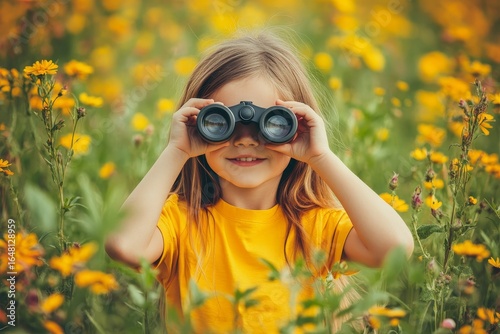 The photograph shows a child using binoculars to observe a field, exemplifying the curiosity and sense of adventure that defines childhood and the desire to learn about the environment