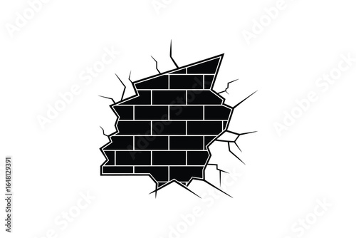 A black brick wall with a large hole and cracks in it silhouette