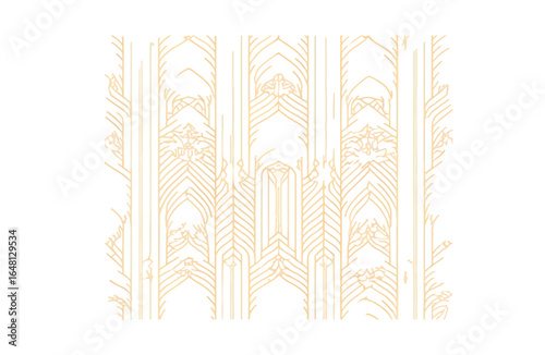 Elegant Art Deco geometric pattern with gold lines on white background evoking luxury and vintage style