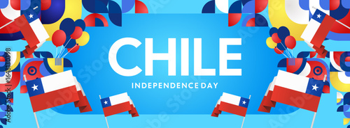 Horizontal Chile Independence Day template with national flag, geometric ornaments, and festive colors. Ideal for banners, posters, web header, promotions, and event campaigns. Happy national day