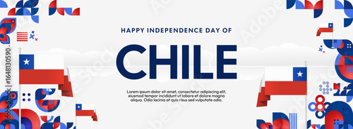 Horizontal Chile Independence Day template with national flag, geometric ornaments, and festive colors. Ideal for banners, posters, web header, promotions, and event campaigns. Happy national day