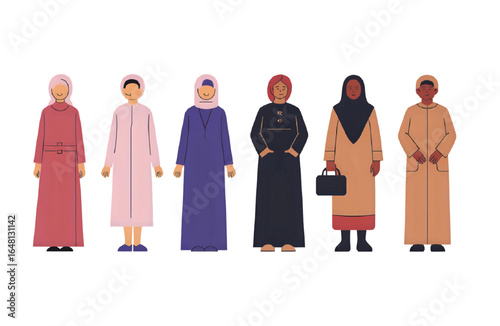 Diverse group of women showcasing modern modest fashion and cultural representation in vibrant, stylish attire