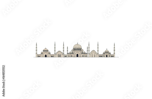 Iconic mosque skyline silhouette showcasing architectural grandeur with multiple domes and minarets, a timeless symbol of faith and history