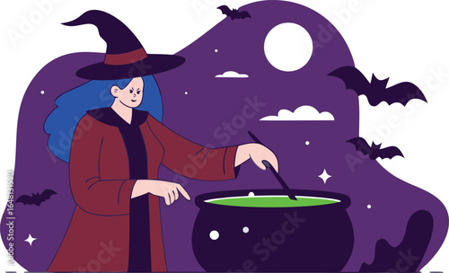 Vector illustration of witch stirring a cauldron with glowing green potion