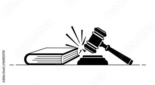Symbolic illustration of law and order with a powerful gavel striking a legal book, representing justice and court decisions.