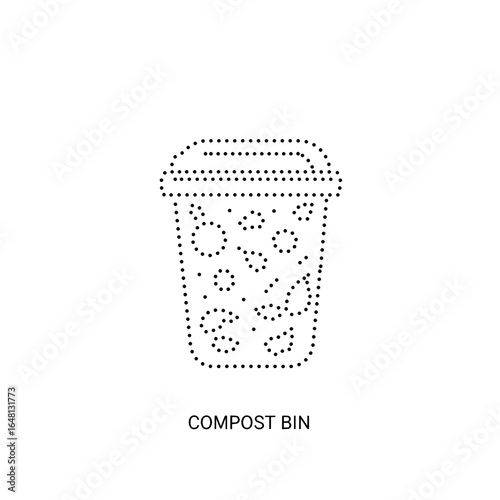 Dotted outline illustration of a compost bin filled with organic waste, minimalistic style on a white background, eco-friendly concept of recycling or sustainability