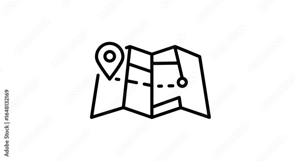 Fototapeta premium Stylized line art icon of a folded map with a location marker, representing navigation, travel, and finding destinations