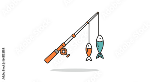 Illustration of a fishing rod with two fish hanging from it, representing the joy of angling and the thrill of the catch