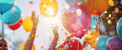 Festive moment with people's hands raised amidst a cloud of colorful balloons and confetti