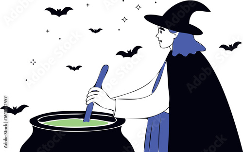 Vector illustration of witch stirring a cauldron with glowing green potion