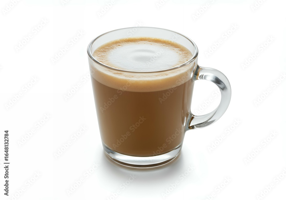 Naklejka premium Layered cappuccino in clear glass mug showing coffee and milk foam separation with elegant presentation for beverage photography