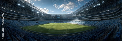 Stadium filled with empty seats under a clear blue sky on a sunny day before an upcoming soccer match