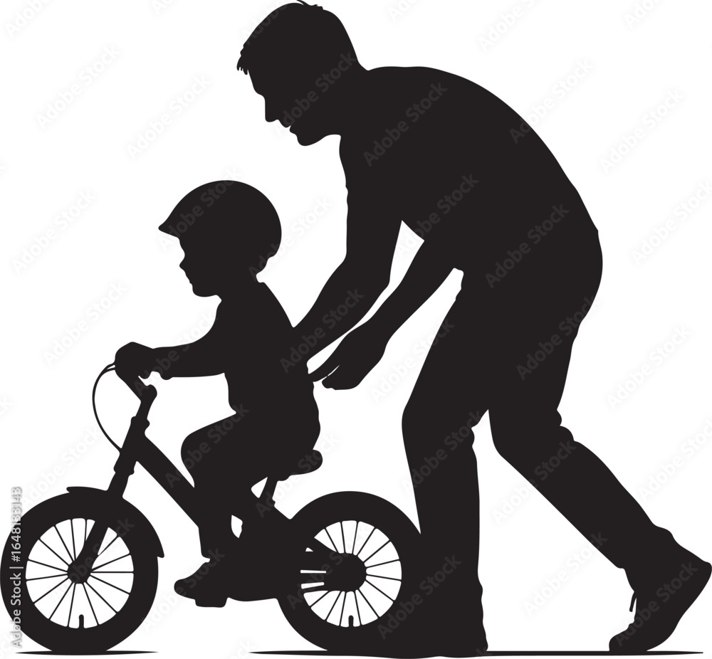 Fototapeta premium Father teaching child to ride bicycle silhouette daughter