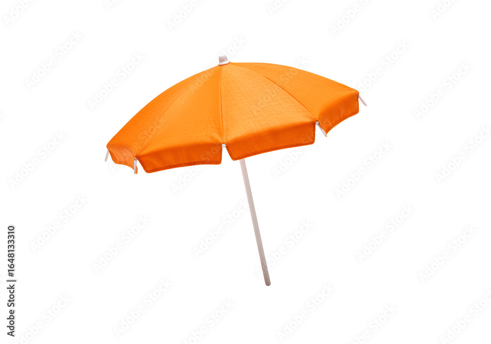 Obraz premium bright orange beach umbrella with a white pole isolated against solid black background perfect for
