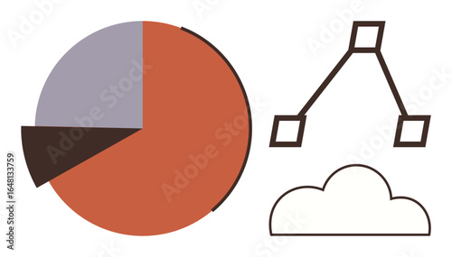 Pie chart, hierarchical diagram, and cloud symbol represent data visualization, teamwork, and cloud computing. Ideal for analytics, strategy, planning, technology collaboration innovation simple