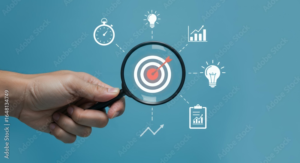 Fototapeta premium Strategic business analysis concept hand holding magnifying glass examining target with performance metrics and growth icons