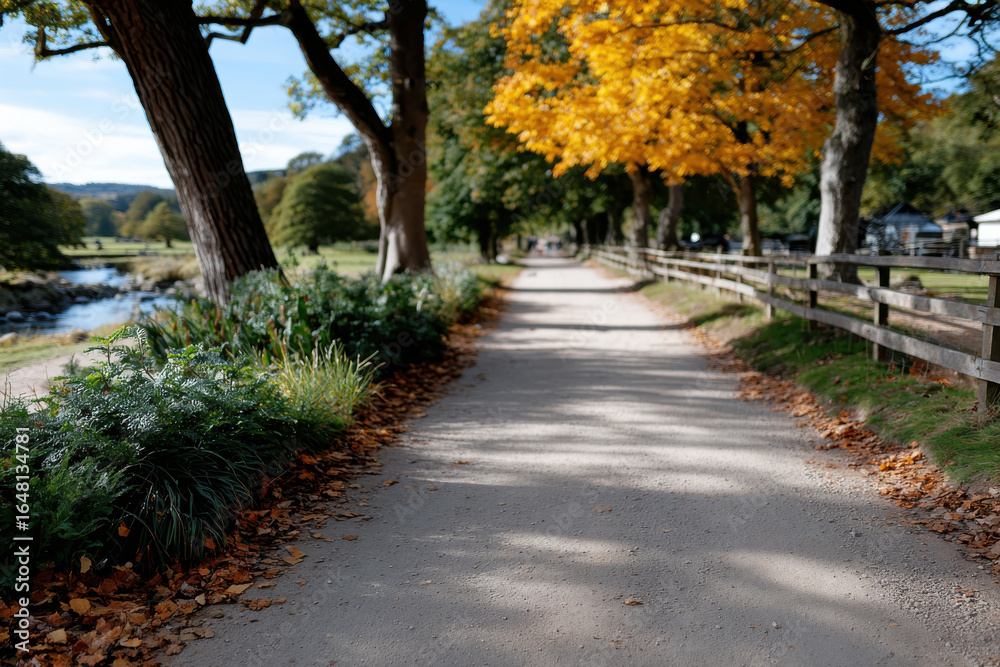 Naklejka premium A beautiful leaf-strewn pathway winding through a vibrant display of autumn foliage, inviting both solitude and reflection in a tranquil setting that celebrates nature's cycles.