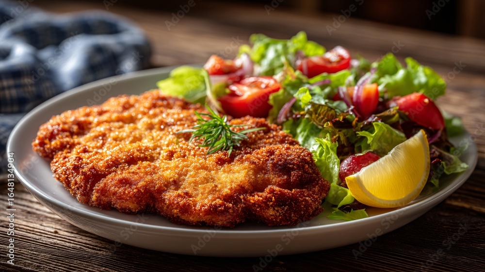 Golden Fried Milanesa Served with Salad and Lemon Garnish Golden Fried Milanesa Served with Salad and Lemon Garnish