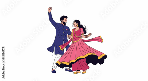 Vibrant Indian Couple Dancing Joyfully, Celebrating Love and Tradition in Colorful Attire