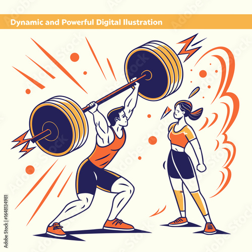Weightlifting with Spotter, Energetic Illustration of Power and Teamwork, Featuring a Muscular Man Lifting a Barbell with a Woman Spotting