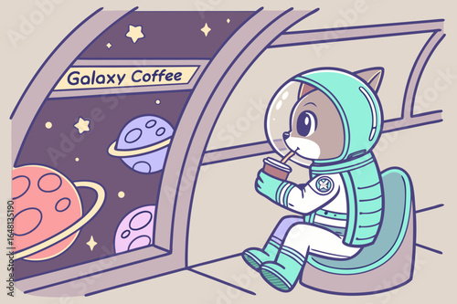 Stronaut Cat Drinking Coffee in Space Station with Planets, Stars, Galaxy Coffee Sign