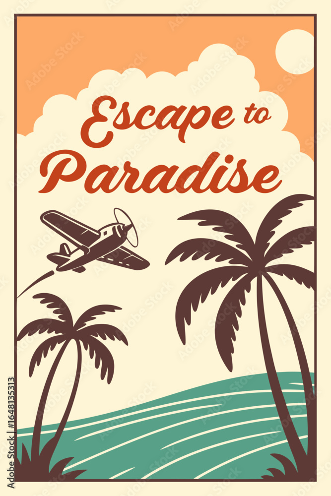 Fototapeta premium Paradise Vacation Poster with Airplane and Palm Trees, Retro Travel Advertisement for Tropical Holiday Destination, Vintage Style Illustration for Summer Getaway and Exotic Island Tourism