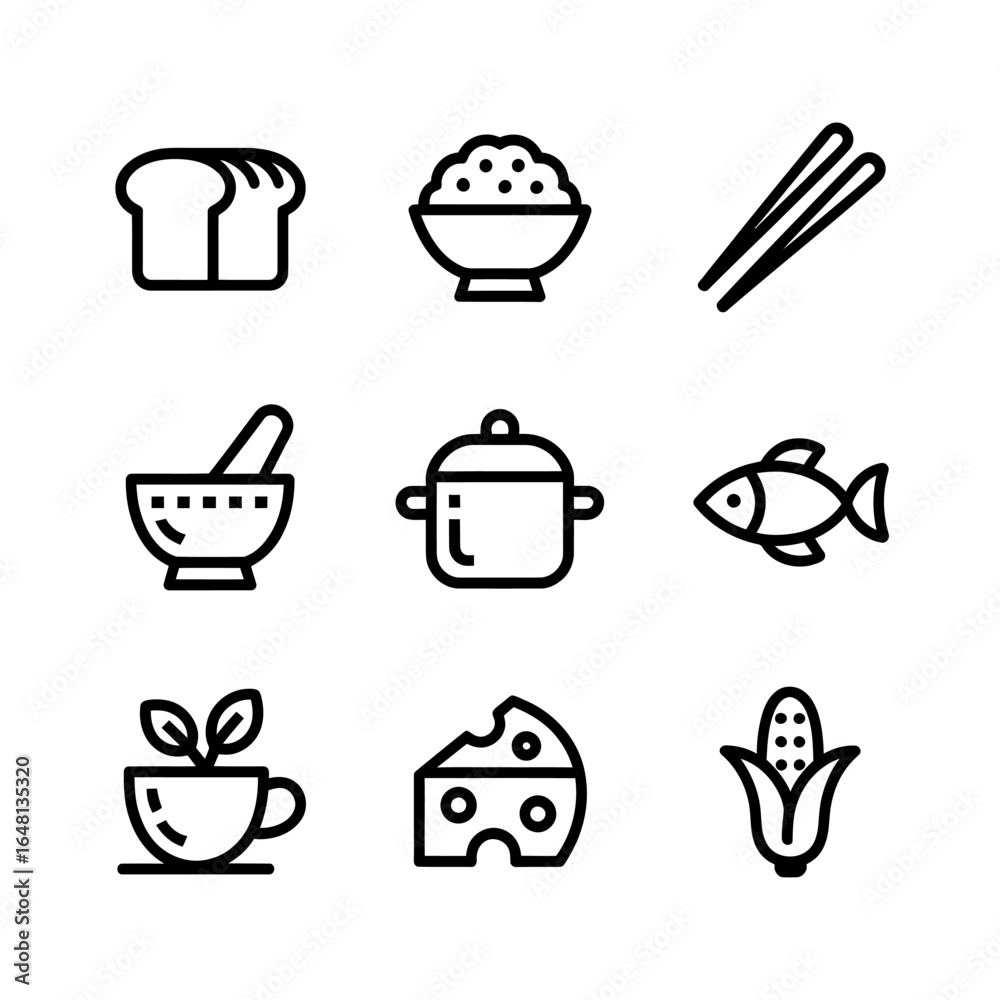 Collection of Food Icons Featuring Bread Rice Chopsticks Mortar Pot Fish Tea Cheese and Corn Culinary Vector Line Art Design Elements Collection of Food Icons Featuring Bread Rice Chopsticks Mortar Pot Fish Tea Cheese and Corn Culinary Vector Line Art Design Elements