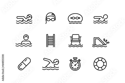 Swimming pool icons set collection featuring swimmers ladder lifeguard chair stopwatch and other related symbols vector illustration concept