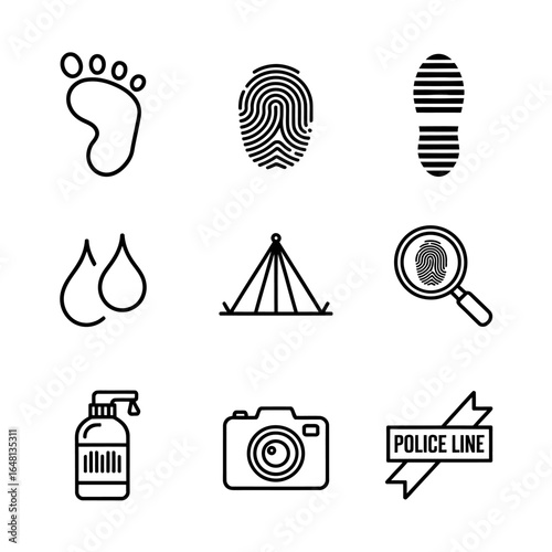 Collection of forensic science icons representing crime scene investigation with fingerprints footprints and blood droplets and crime scene tape