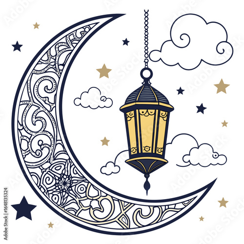 Ramadan Illustration with Crescent Moon, Lantern, Stars
