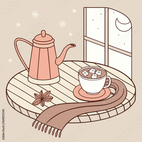 Cozy winter scene with hot chocolate, coffee pot, scarf