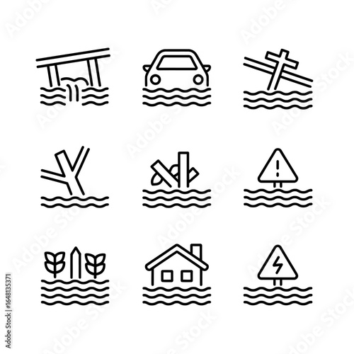 Set of Flood Disaster Icons Representing Submerged Structures Car Transportation and Vegetation in Black and White