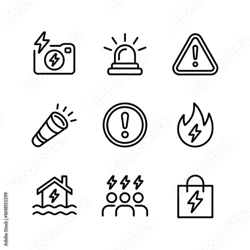 Collection of Warning and Emergency Icons Black and White Outline Style Safety Hazard Signs for Web and Mobile Design Elements