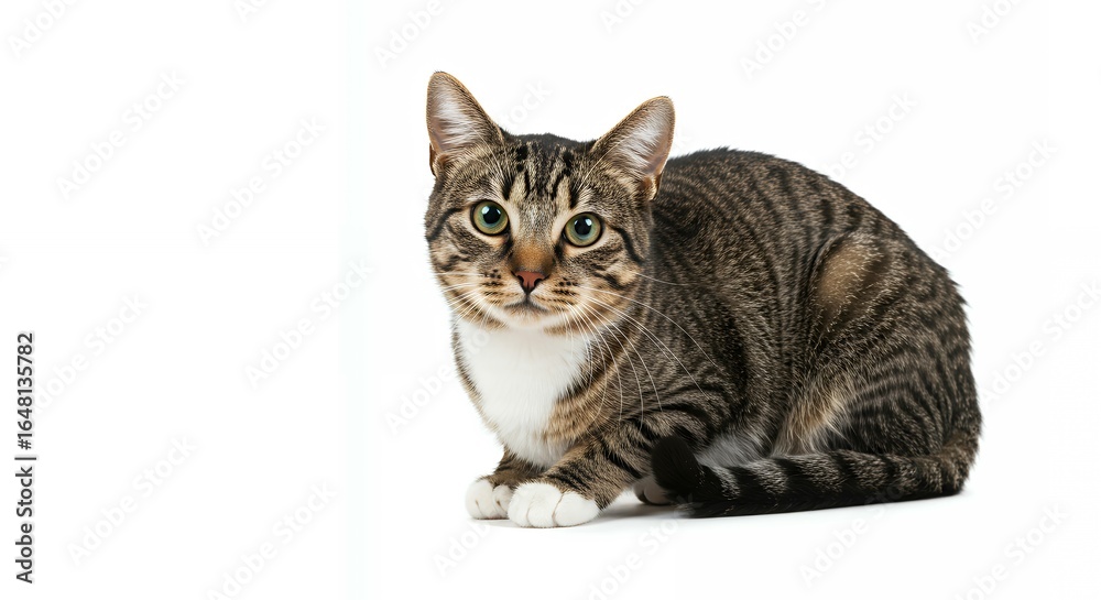 Obraz premium Brown tabby domestic cat sitting upright front facing pose with green eyes white background studio portrait for pet product advertising