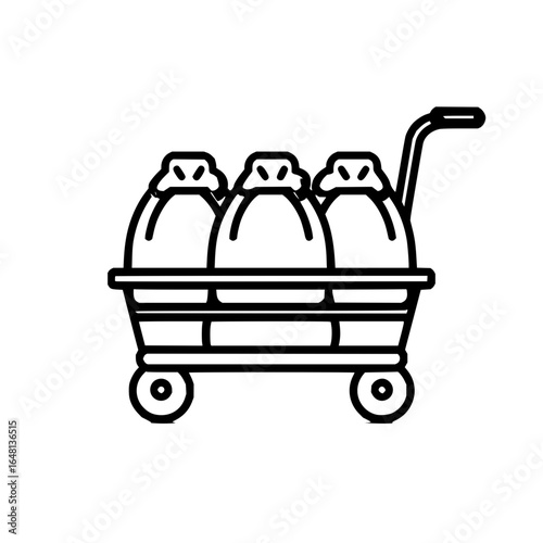 Outline drawing of a cart filled with three large sacks for transportation of goods or items