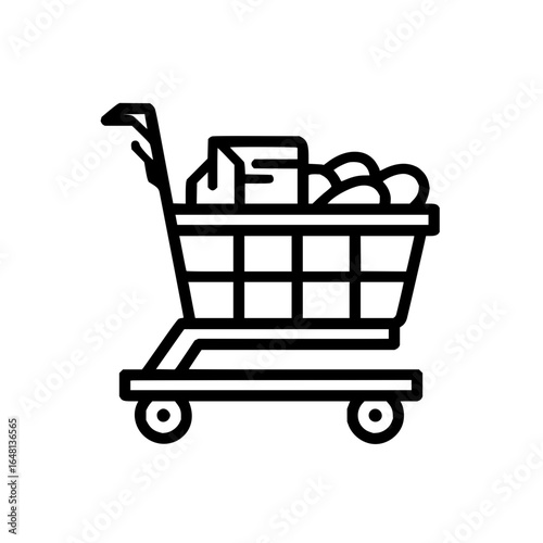 Outline icon of a shopping cart filled with groceries representing retail and consumerism in a store aisle