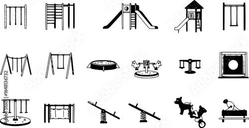 Playground icons set. Jungle gym. Children's amusement park, a place for children and parents to leisure. Slide, sandpit, merry-go-round, seesaw. Monochrome black and white icon.