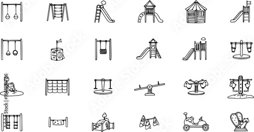 Playground icons set. Jungle gym. Children's amusement park, a place for children and parents to leisure. Slide, sandpit, merry-go-round, seesaw. Monochrome black and white icon.
