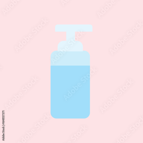 Illustration of a light blue liquid soap bottle with a pump on a pink background.