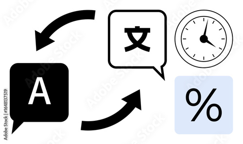 Speech bubbles with English and foreign characters, circular arrows denoting translation. Clock for time and percentage for efficiency. Ideal for language, productivity, communication, globalization
