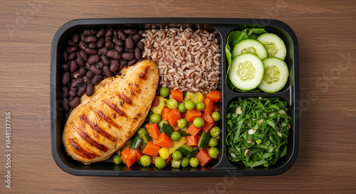 Traditional Brazilian Lunch Box with Grilled Chicken, Black Beans, Brown Rice, Roasted Vegetables, and Fresh Salad – Balanced Meal Photography